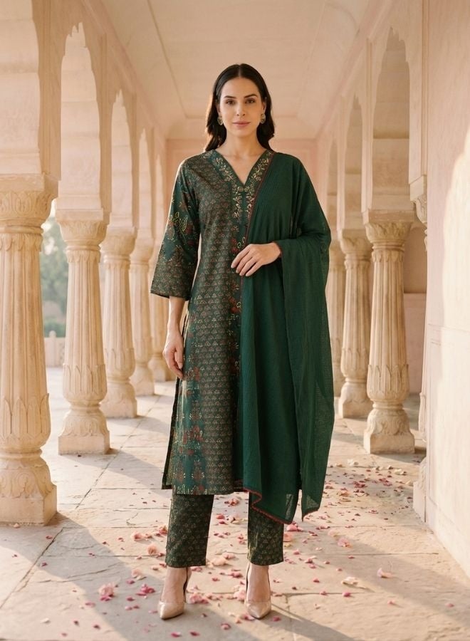Yuris Women Green Placement Print Kurta Set, Embroidered V Neck, Straight Kurta With Bottom & Dupatta - Image 1