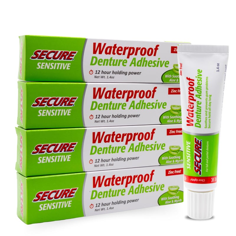 Secure Sensitive Gums Waterproof Denture Adhesive Zinc Free with Aloe Vera Myrrh Extra Strong 12 Hour Hold 14 oz Pack of 4