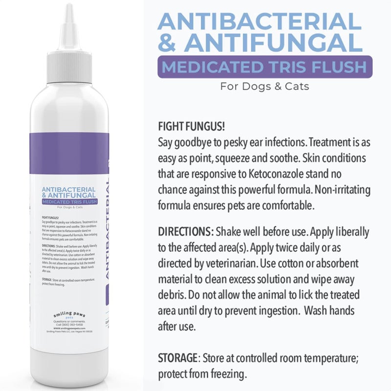Smiling Paws Pets Medicated Tris Flush Dog Ear Cleaner Solution and Infection Treatment for Dogs and Cats Ear Flush for Dogs Ear Cleaner for Dogs & Cats - Cat & Dog Ear Wash Contains Ketoconazole 12oz - Image 5