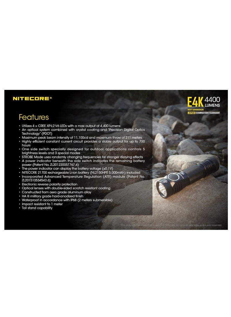 NITECORE - مصباح يدوي NITECORE E4K 4400 لومن EDC مع بطارية قابلة لإعادة الشحن USB-C بسعة 5000 مللي أمبير في الساعة - Image 1