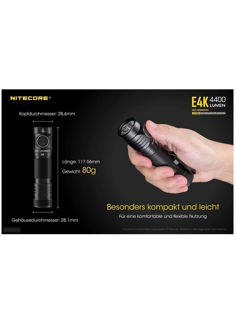 NITECORE - مصباح يدوي NITECORE E4K 4400 لومن EDC مع بطارية قابلة لإعادة الشحن USB-C بسعة 5000 مللي أمبير في الساعة - Image 1