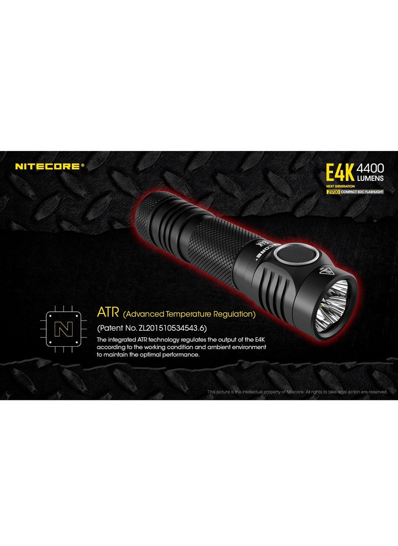 NITECORE - مصباح يدوي NITECORE E4K 4400 لومن EDC مع بطارية قابلة لإعادة الشحن USB-C بسعة 5000 مللي أمبير في الساعة - Image 1