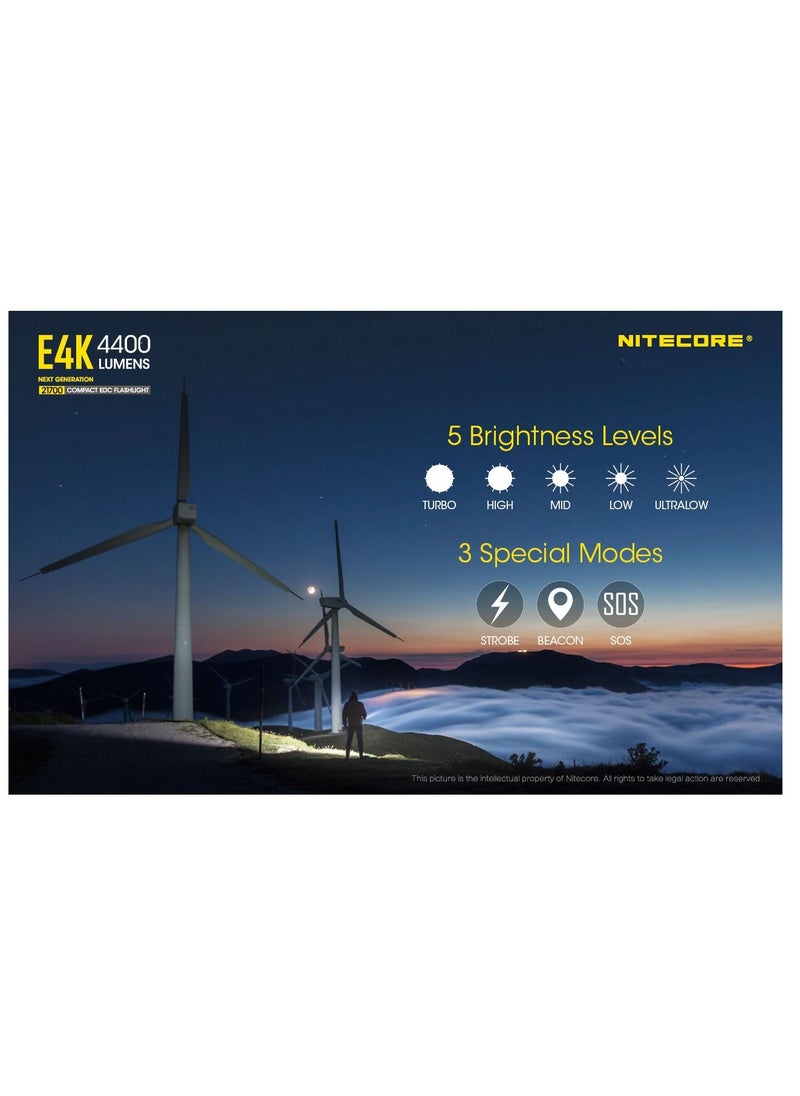 NITECORE - مصباح يدوي NITECORE E4K 4400 لومن EDC مع بطارية قابلة لإعادة الشحن USB-C بسعة 5000 مللي أمبير في الساعة - Image 1