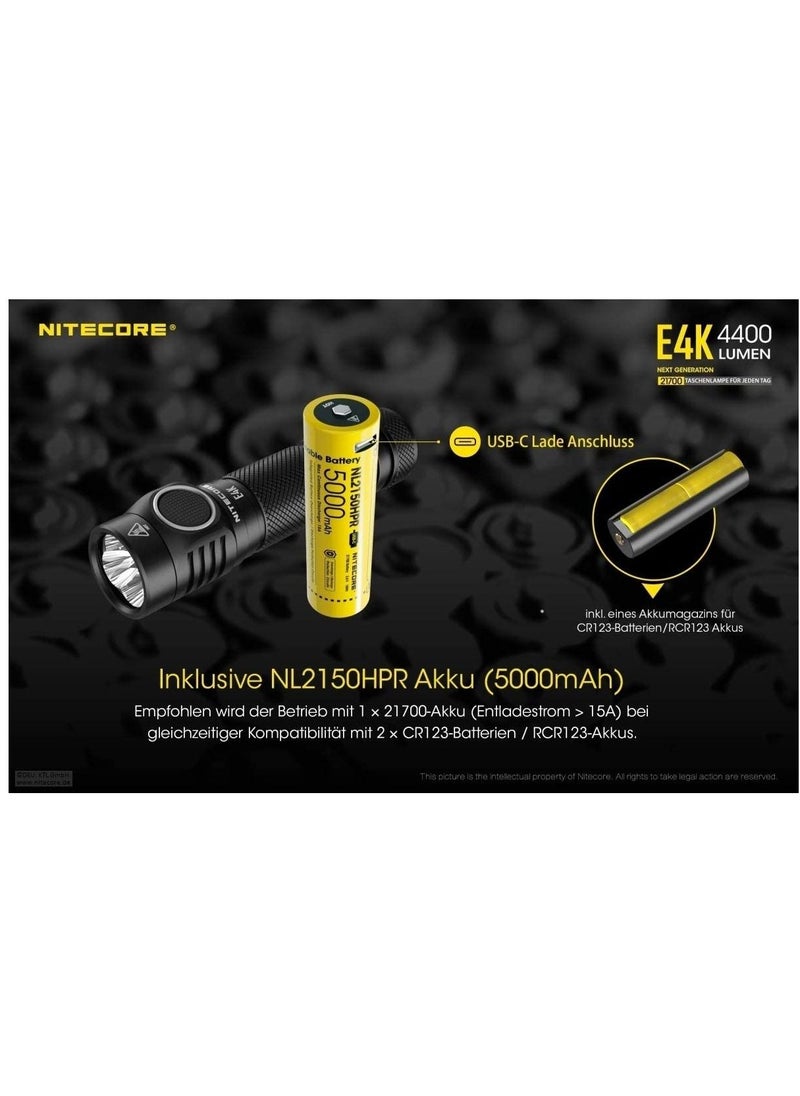 NITECORE - مصباح يدوي NITECORE E4K 4400 لومن EDC مع بطارية قابلة لإعادة الشحن USB-C بسعة 5000 مللي أمبير في الساعة - Image 1