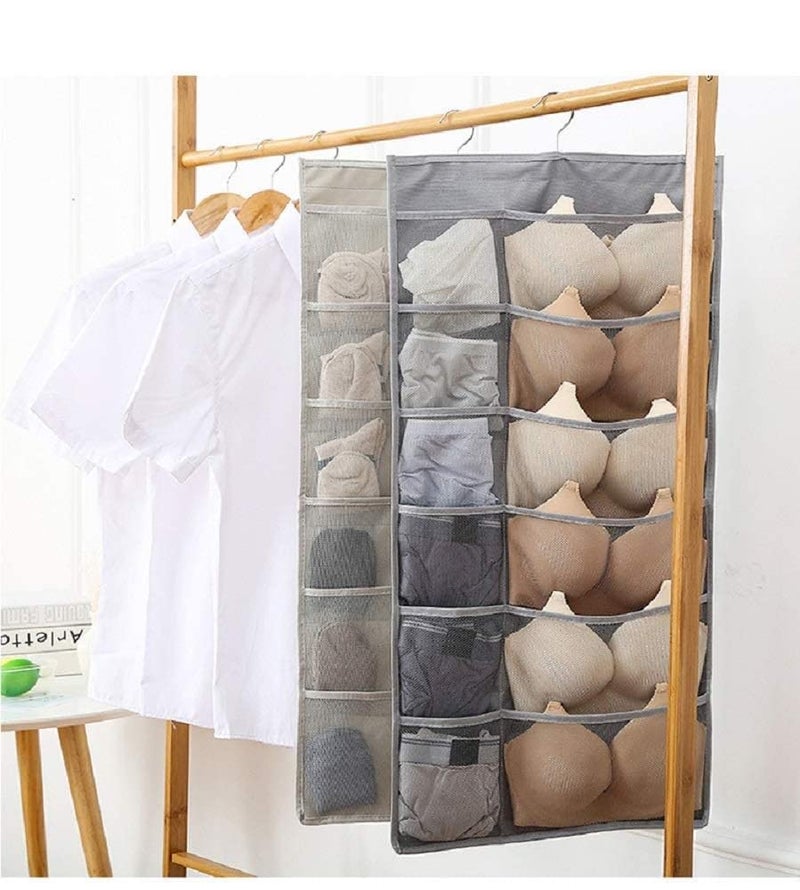 Gnanex Double Sided 30 Pockets Clear Hanging Bag Fabric Brass Finish Socks Bra Underwear Rack Hanger Storage Organizer Wall Hanging Closet Shelves Storage Pockets Grey - Image 2