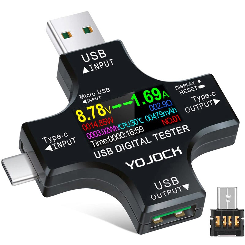 جهاز اختبار USB C من YOJOCK مقياس الطاقة USB 2 في 1 مقياس متعدد رقمي 3632V 080A جهاز اختبار الجهد والتيار مقياس فولتية نوع C كاشف سعة البطارية شاحن بنك الطاقة كابل USB