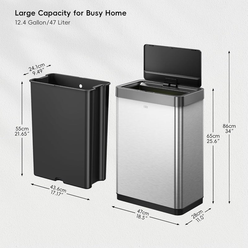 EKO Mirage-X 47 Liter / 12.4 Gallon Touchless Rectangular Motion Sensor Trash Can with Removable Liner, Brushed Stainless Steel Finish - Image 3