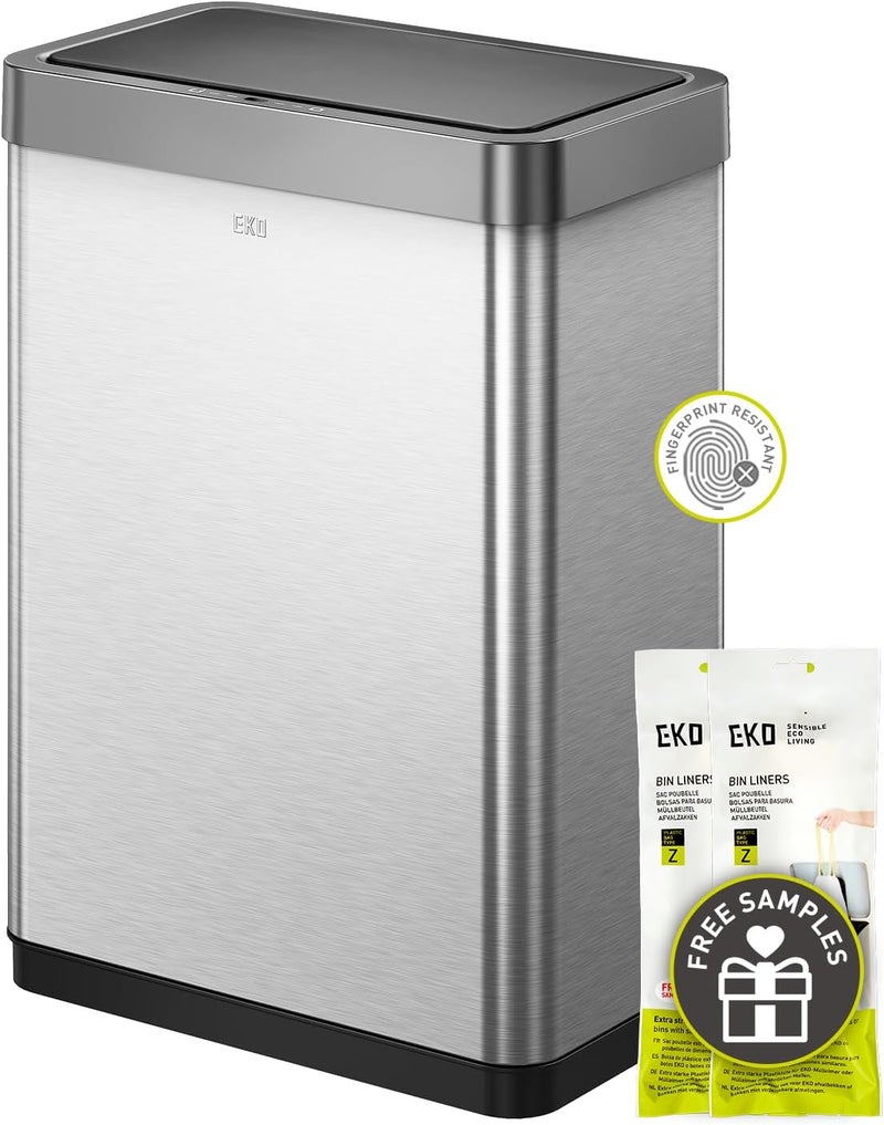 EKO Mirage-X 47 Liter / 12.4 Gallon Touchless Rectangular Motion Sensor Trash Can with Removable Liner, Brushed Stainless Steel Finish - Image 1