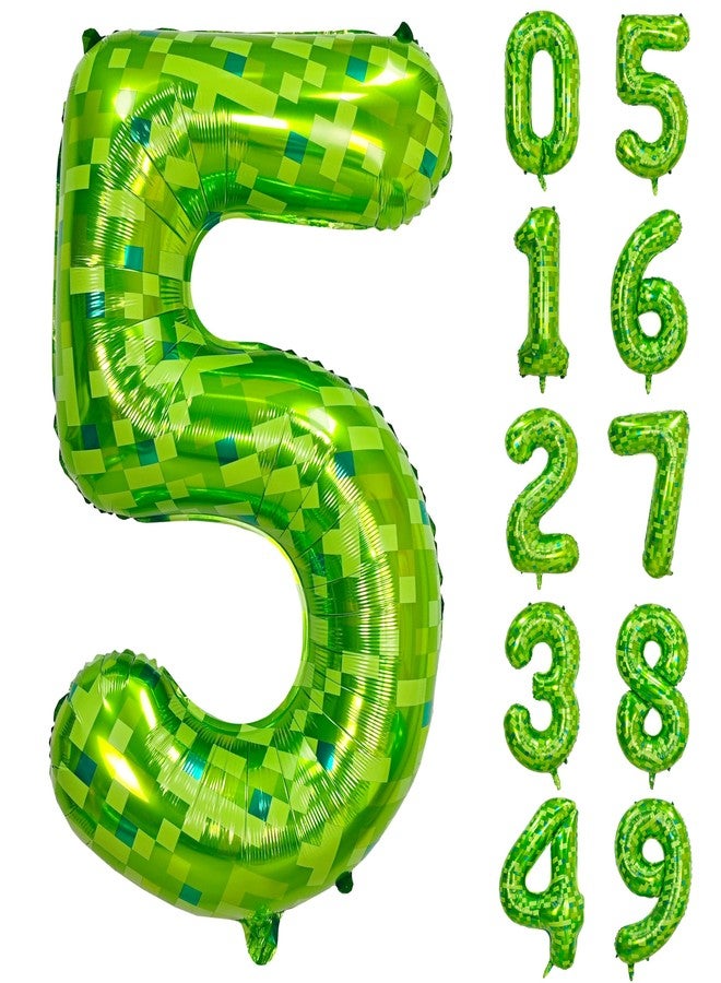 CHANGZHONG 40 Inch Green Pixel Miner Themed Balloon Number Large Mining Foil Balloon 0-9 Suitable Pixel Game Themed Party Children'S Birthday Niversary Celebrations Baby Shower Decoration Supplies (Number 5) - Image 1
