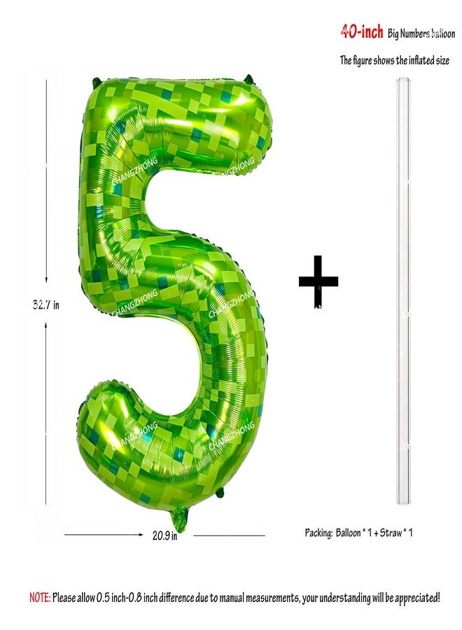 CHANGZHONG 40 Inch Green Pixel Miner Themed Balloon Number Large Mining Foil Balloon 0-9 Suitable Pixel Game Themed Party Children'S Birthday Niversary Celebrations Baby Shower Decoration Supplies (Number 5) - Image 3