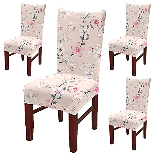 BRIDA® Polyester Spandex Stretchable Floral Geometric Printed Dining Chair Covers Elastic Chair Seat Case Protector, Slipcovers (4 Chair Cover, Peach Flowers) - Image 1