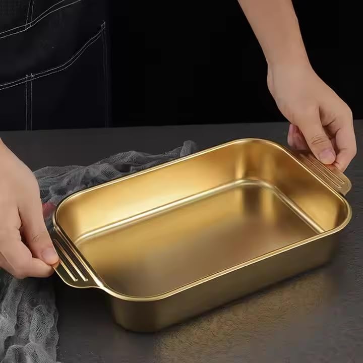Kruvad Brass Color Steel Rectangular Lasagna Pan Deep Roasting Pan Fish Cake Baking Tray Food Dish Serving Platter Dishwasher Safe for Cooking Turkey Beef and More Golden Deep Dish - Image 5