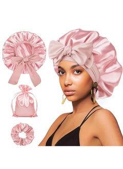 BOFAN Bonnet with Tie Band, Satin Hair Silk Bonnet for Sleeping Women, Sleep Bonnets for Women, Double Layer Sleep Cap for Curly Hair Braids（Pink）  - Image 1