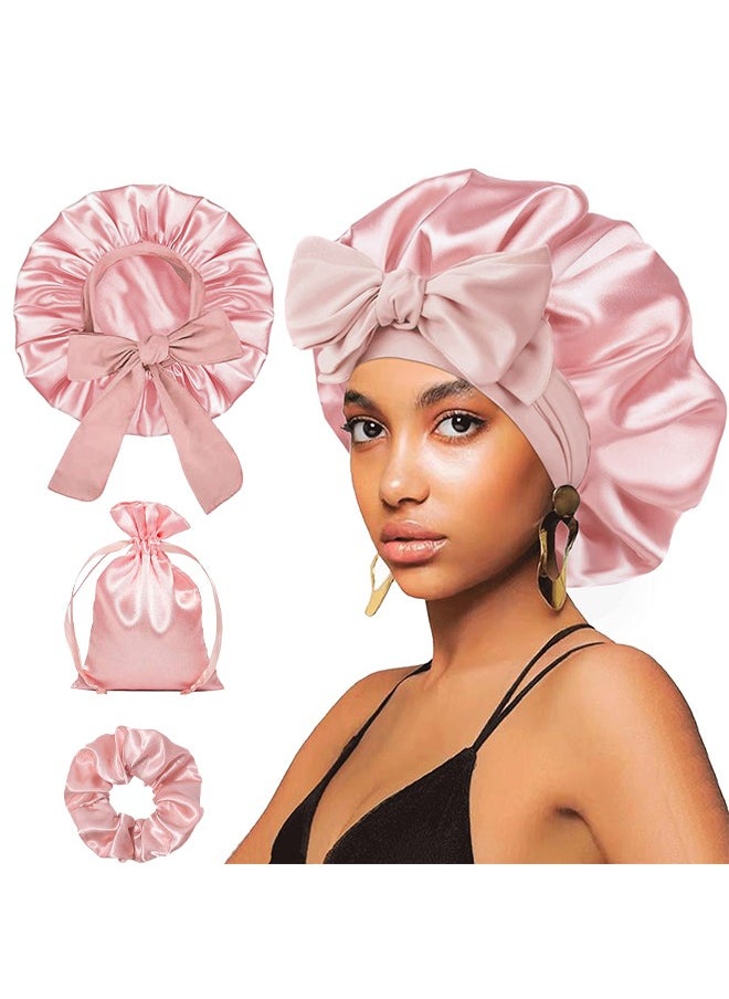 BOFAN Bonnet with Tie Band, Satin Hair Silk Bonnet for Sleeping Women, Sleep Bonnets for Women, Double Layer Sleep Cap for Curly Hair Braids（Pink）  - Image 1