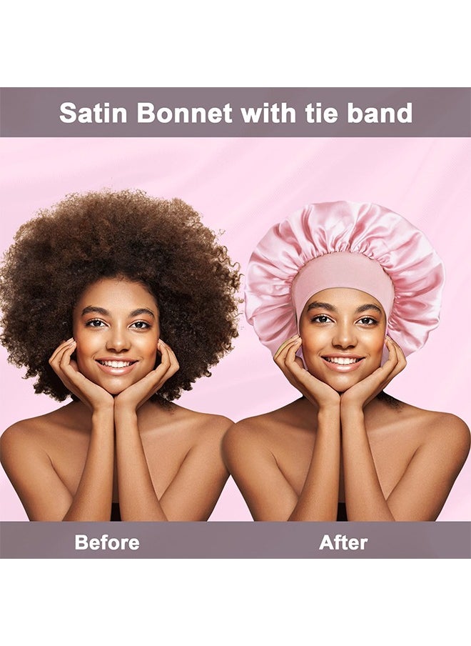 BOFAN Bonnet with Tie Band, Satin Hair Silk Bonnet for Sleeping Women, Sleep Bonnets for Women, Double Layer Sleep Cap for Curly Hair Braids（Pink）  - Image 2