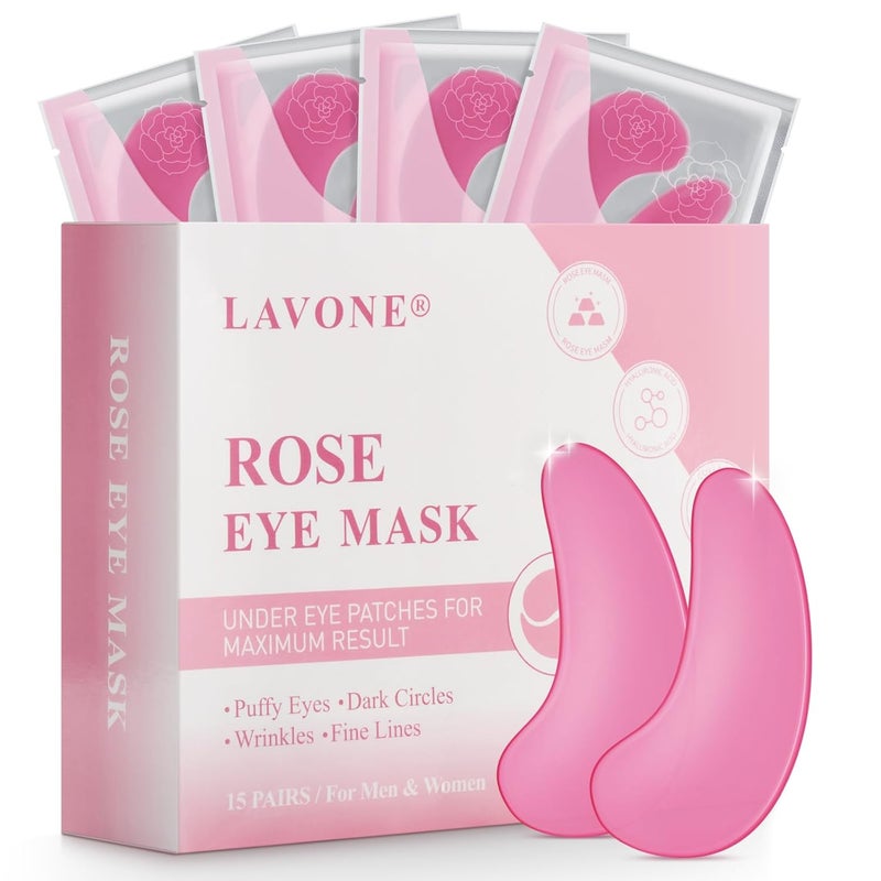 LAVONE Eye Mask  15 Pairs Rose Under Eye Patches Skin Care Products  Eye Masks Skincare for Dark Circles and Puffiness Reduce Wrinkles Eye Bags and Fine Lines for Women and Man with Hair Clips 