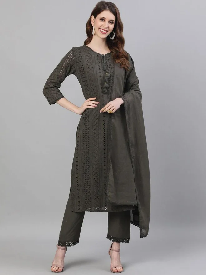ISHIN ISHIN Olive Green Kurta with Trousers and Dupatta Set