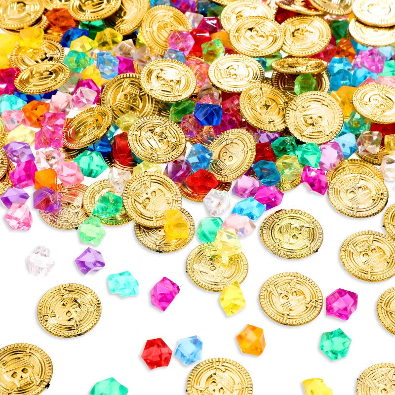 Skylety Pirate Party Decoration Favors 100 Pieces Fake Pirate Treasure and 100 Pieces Gold Coins Toy Gem Jewelry Treasure Chocolate Gold Coins for Halloween Adventure Themed Event Party Supplies - Image 2