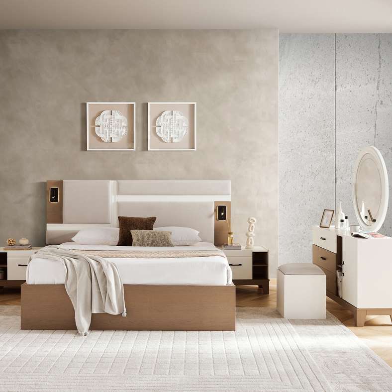 Pan Home مجموعة غرفة نوم ماكرينا 5 قطع 180X200 سم - أبيض وجوز - Image 1