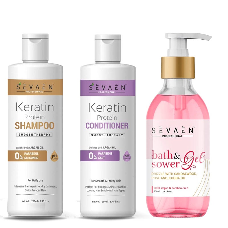 Sevaen Keratin Smooth Daily Shampoo  Keratin Smooth Daily Conditioner with Shower gel 300ml For All Unisex - Image 1