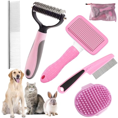 KUEIOX Dog Brush for Shedding,6 PCS in One Pet Slicker Hair Brush Kit Organizer Bag - Dog Cat Grooming Deshedding Undercoat Rake Brush Comb for All Small Large Dogs Cats Pink - Image 1