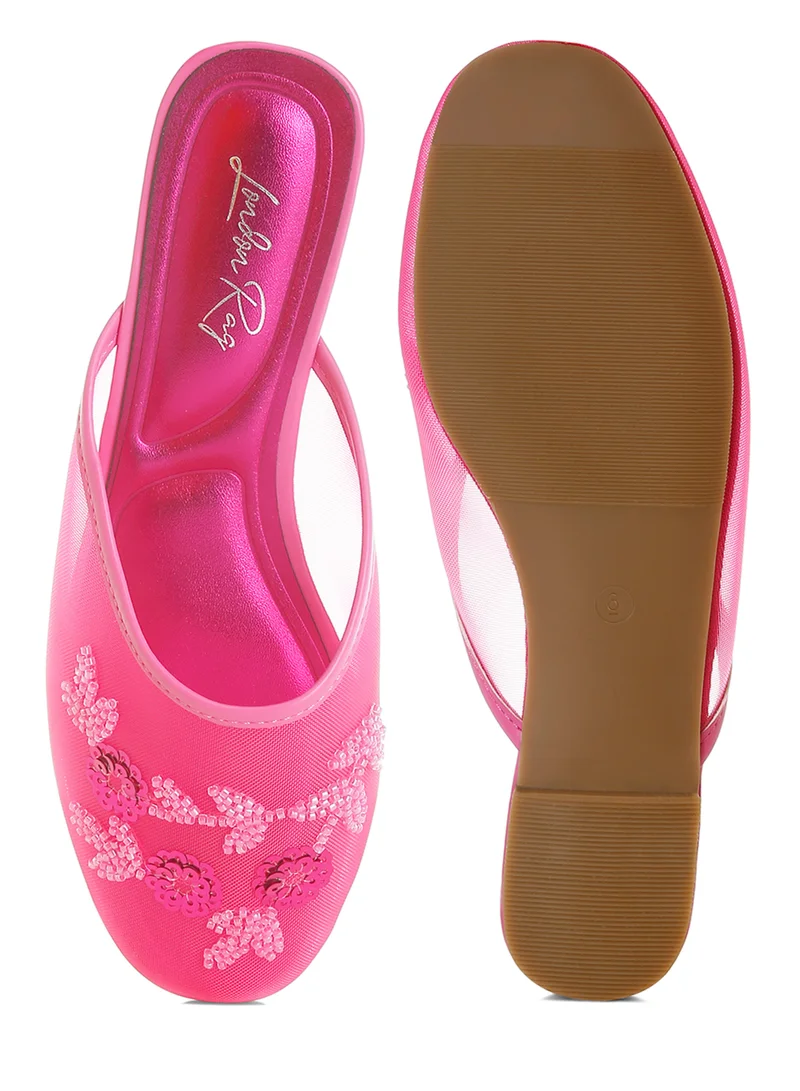 London Rag Mesh Sequin Beaded Mules in Fuchsia