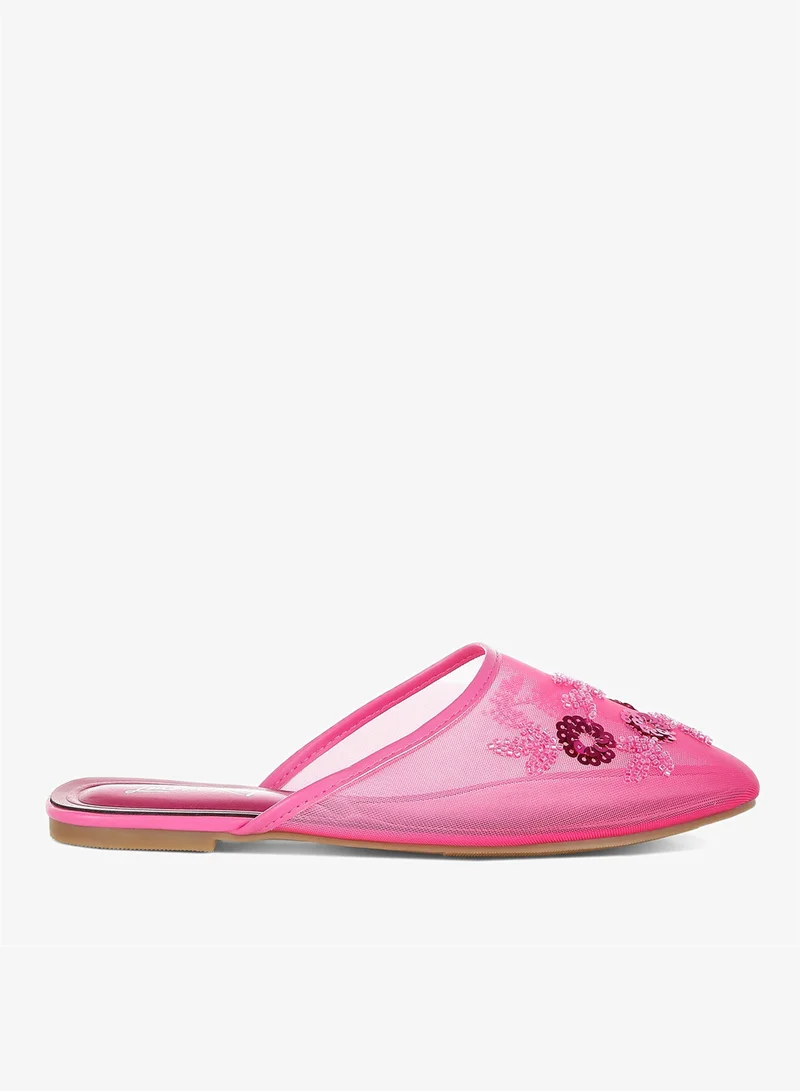 Mesh Sequin Beaded Mules in Fuchsia