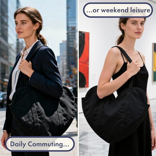 CosInStyle Cute Heart Shaped Canvas Tote Bag for Women, Daily Reusable Shoulder Grocery Shopping Bag with Pocket & Buckle (Black) - Image 5