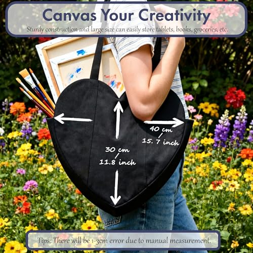 CosInStyle Cute Heart Shaped Canvas Tote Bag for Women, Daily Reusable Shoulder Grocery Shopping Bag with Pocket & Buckle (Black) - Image 2