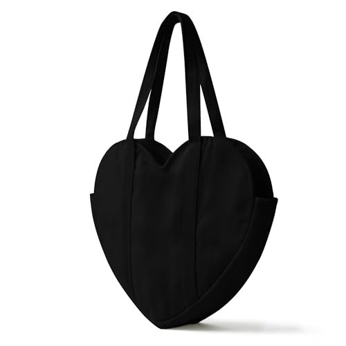 CosInStyle Cute Heart Shaped Canvas Tote Bag for Women, Daily Reusable Shoulder Grocery Shopping Bag with Pocket & Buckle (Black) - Image 1