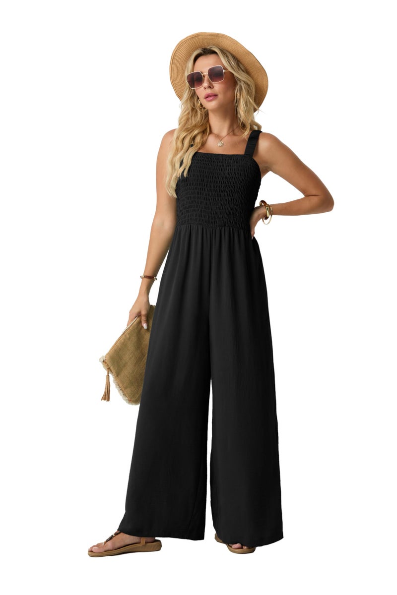 Lepunuo Jumpsuits for Women Casual One Piece Overalls Smocked Wide Leg Long Rompers With Pockets Beach Vacation - Image 3