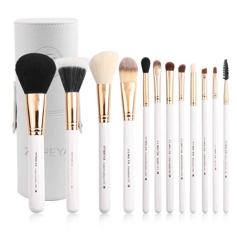 Z'OREYA Travel Makeup Brush Set White 12pcs Makeup Brushes Premium Synthetic Hair Professional Foundation Powder Contour Blush Cosmetic Eye Brush Sets With Holder - Image 1