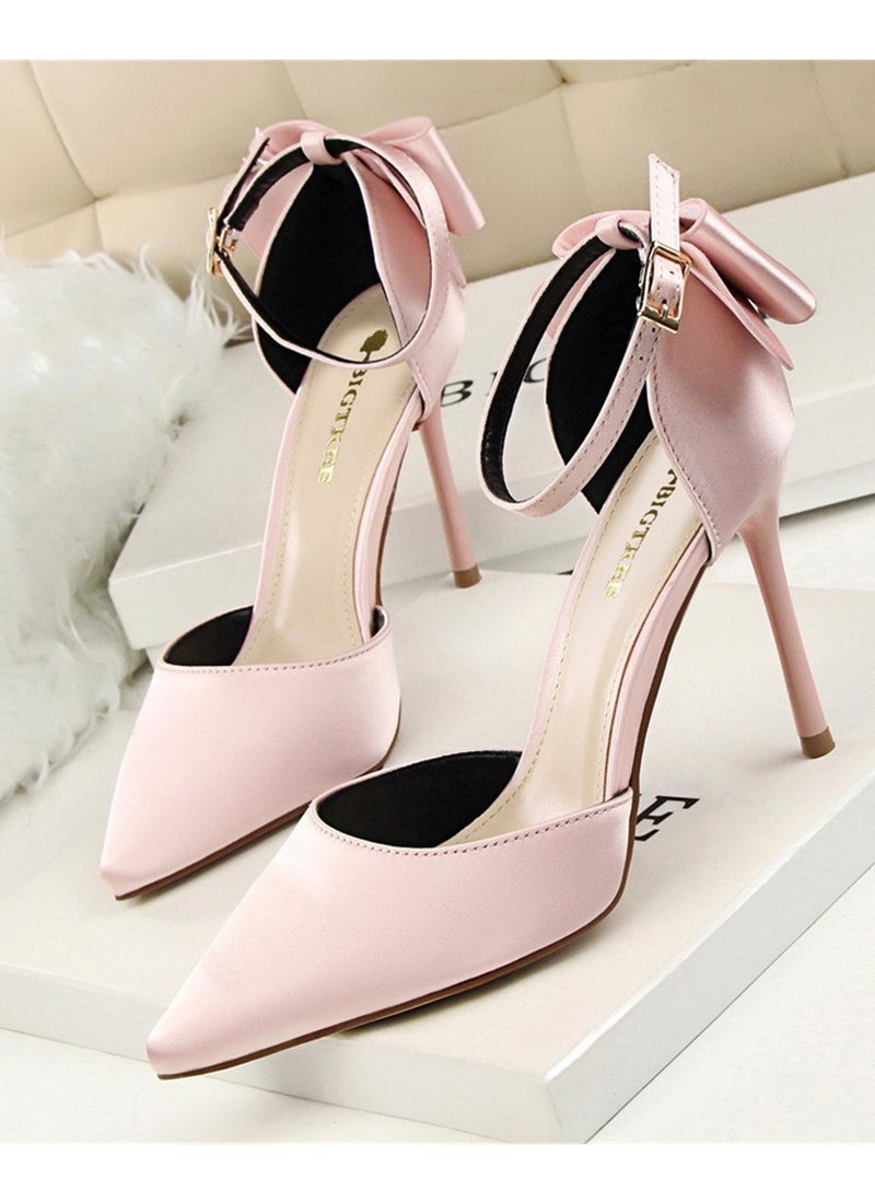 BIGTREE 10CM Elegant High Heels Satin Hollow Shallow Mouth Pointed Line With Hollow Bow Bow Women's Shoes Pink