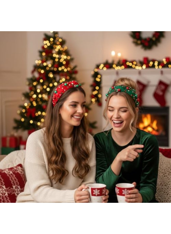 Corabsar 2Pcs Christmas Headbands for Women Red Green Pearl Rhinestone Crystal Jeweled Christmas Headband Womens Headbands Fashion Elegant Wide Top Knot for Women Holiday Clothes AccessoriesRed Green - Image 3
