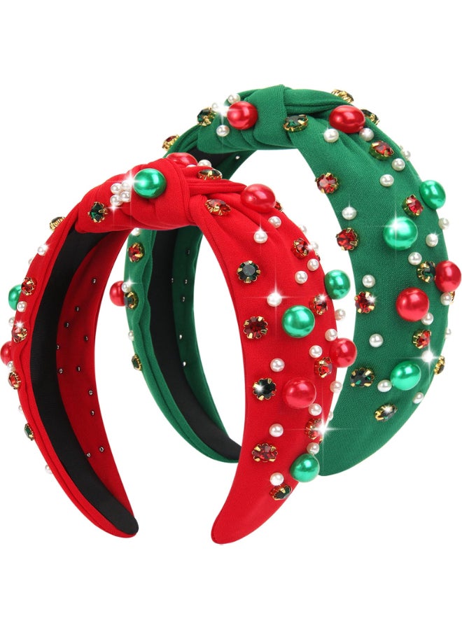 Corabsar 2Pcs Christmas Headbands for Women Red Green Pearl Rhinestone Crystal Jeweled Christmas Headband Womens Headbands Fashion Elegant Wide Top Knot for Women Holiday Clothes AccessoriesRed Green - Image 2