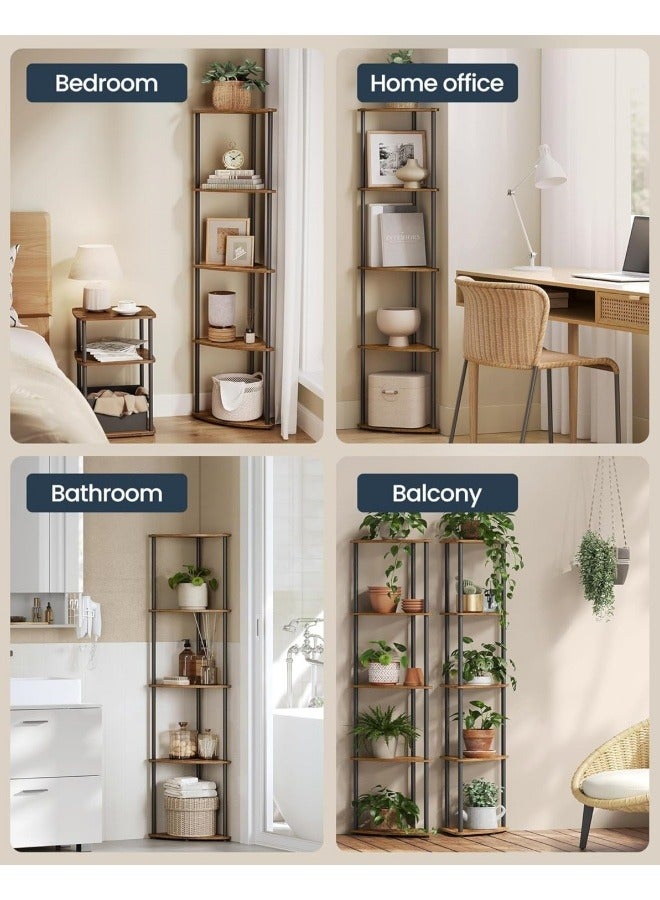تاختيلا رف زاوية صناعي من 5 طبقات، رف كتب زاوية بإطار معدني، رف عرض نباتات زاوية، خزانة كتب زاوية لغرفة النوم وغرفة المعيشة، لون بني ريفي - Image 5