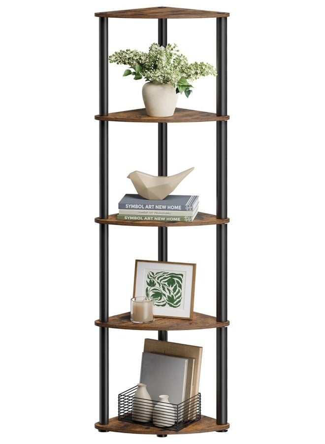 تاختيلا رف زاوية صناعي من 5 طبقات، رف كتب زاوية بإطار معدني، رف عرض نباتات زاوية، خزانة كتب زاوية لغرفة النوم وغرفة المعيشة، لون بني ريفي - Image 2