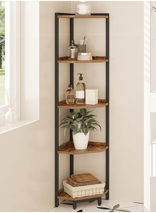 تاختيلا رف زاوية صناعي من 5 طبقات، رف كتب زاوية بإطار معدني، رف عرض نباتات زاوية، خزانة كتب زاوية لغرفة النوم وغرفة المعيشة، لون بني ريفي - Image 3