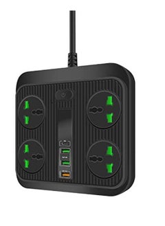 Generic Extension Lead Universal Outlets with 4 USB Ports 4 Way Power Strips Surge Protector 2Mor Bold Cord Switch Portable Charger Fuse and Shutter Charging Hub Station 40W Super Quik Charge Black  - Image 1