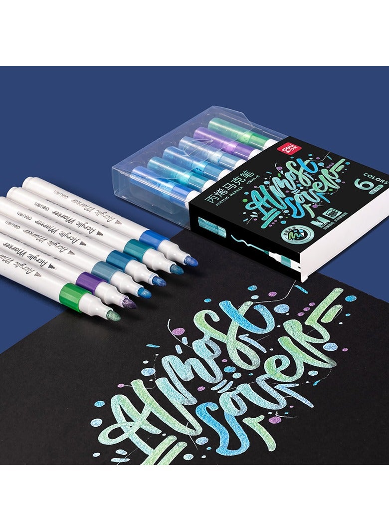 Deli Deli HM114-B Metallic Acrylic Markers – 6 Classic Colors, Round Barrel, Single Conical Tip (2mm), Quick-Dry & Waterproof, Ideal for Glass, Metal, Wood, Stone & DIY Crafts.  - Image 2