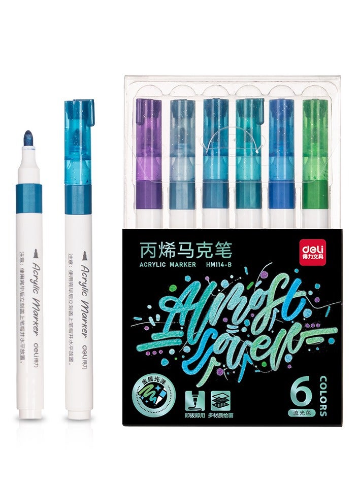 Deli Deli HM114-B Metallic Acrylic Markers – 6 Classic Colors, Round Barrel, Single Conical Tip (2mm), Quick-Dry & Waterproof, Ideal for Glass, Metal, Wood, Stone & DIY Crafts.  - Image 1