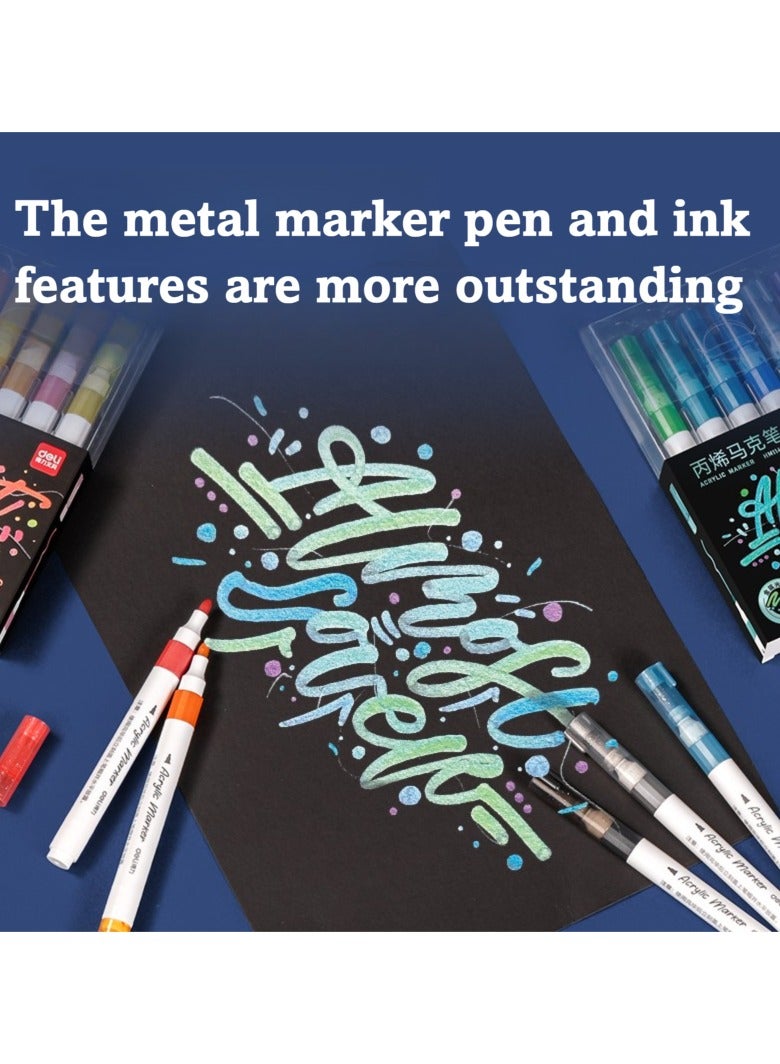 Deli Deli HM114-B Metallic Acrylic Markers – 6 Classic Colors, Round Barrel, Single Conical Tip (2mm), Quick-Dry & Waterproof, Ideal for Glass, Metal, Wood, Stone & DIY Crafts.  - Image 3