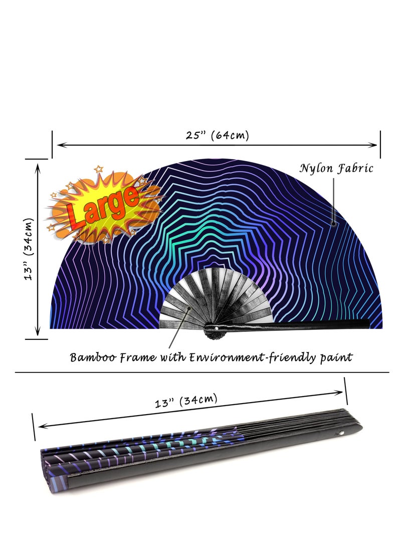 SYOSI Wooden Folding Fan, UV Glow Rave Foldable Fan Shining Star Pattern Wooden Foldable Fan, Chinese Vintage Bamboo Silk Fans for Party Wedding Dancing Decoration Gift Performance Baby Shower (Wave) - Image 4