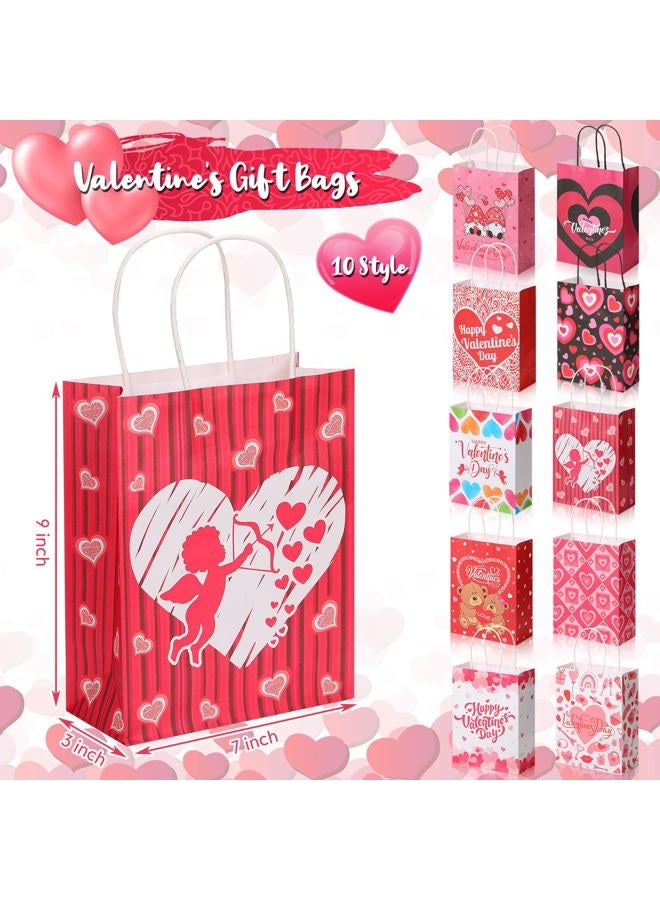 Chivertion 100 Pcs Valentine's Day Gift Bags Bulk 7 x 3 x 9 Valentines Goodie Bags with Handles Valentines Heart Love Paper Bags for Valentine Party Favors Exchange Novelty Gift Wrapping, 10 Styles - Image 2