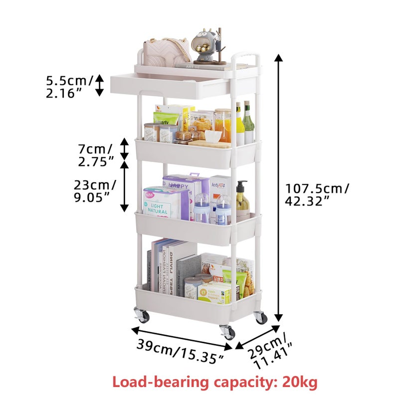 Calmootey 4-Tier Rolling Utility Cart with Drawer,Multifunctional Storage Organizer with Plastic Shelf & Metal Wheel,Storage Cart for Kitchen,Bathroom,Living Room,Office,White - Image 5