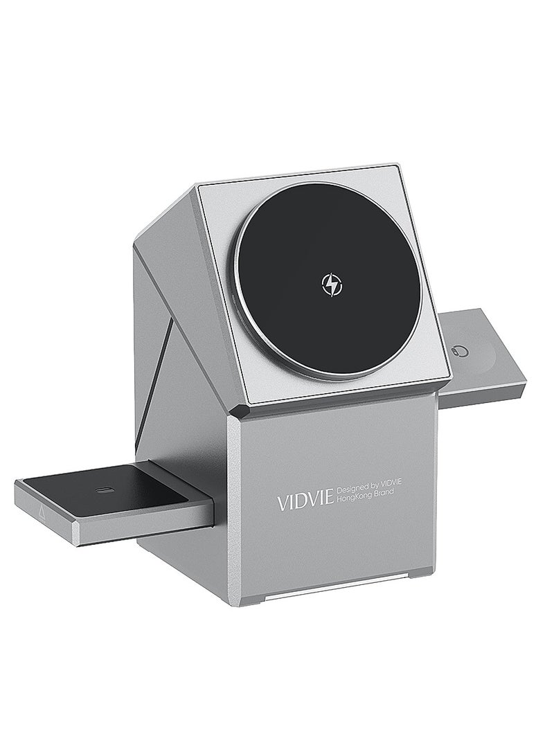 Vidvie 3-in-1 Touch  Magnetic Wireless Charging Station – Rotation Magnetic Wireless Charging Cube Compatible with MagSafe, Fast Charging Foldable Wireless Charger, Compatible with iPhone 16/15/14, Watch 1-8/Ultra, AirPods Pro Grey - Image 1