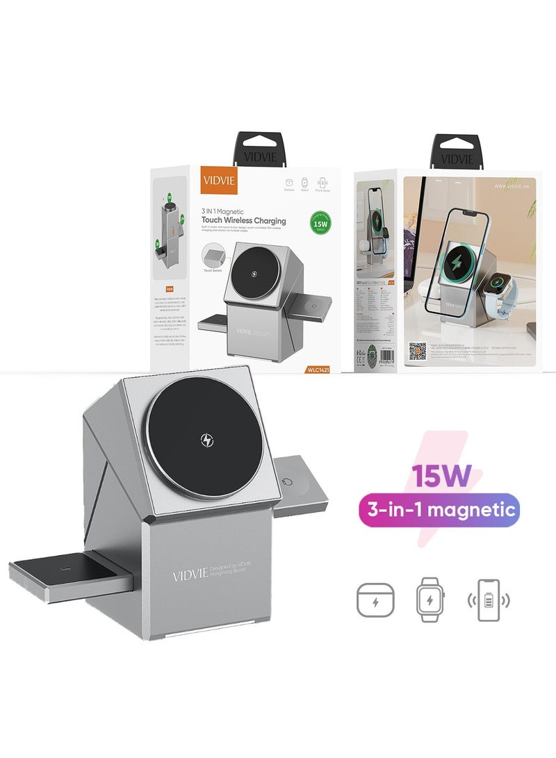 Vidvie 3-in-1 Touch  Magnetic Wireless Charging Station – Rotation Magnetic Wireless Charging Cube Compatible with MagSafe, Fast Charging Foldable Wireless Charger, Compatible with iPhone 16/15/14, Watch 1-8/Ultra, AirPods Pro Grey - Image 2