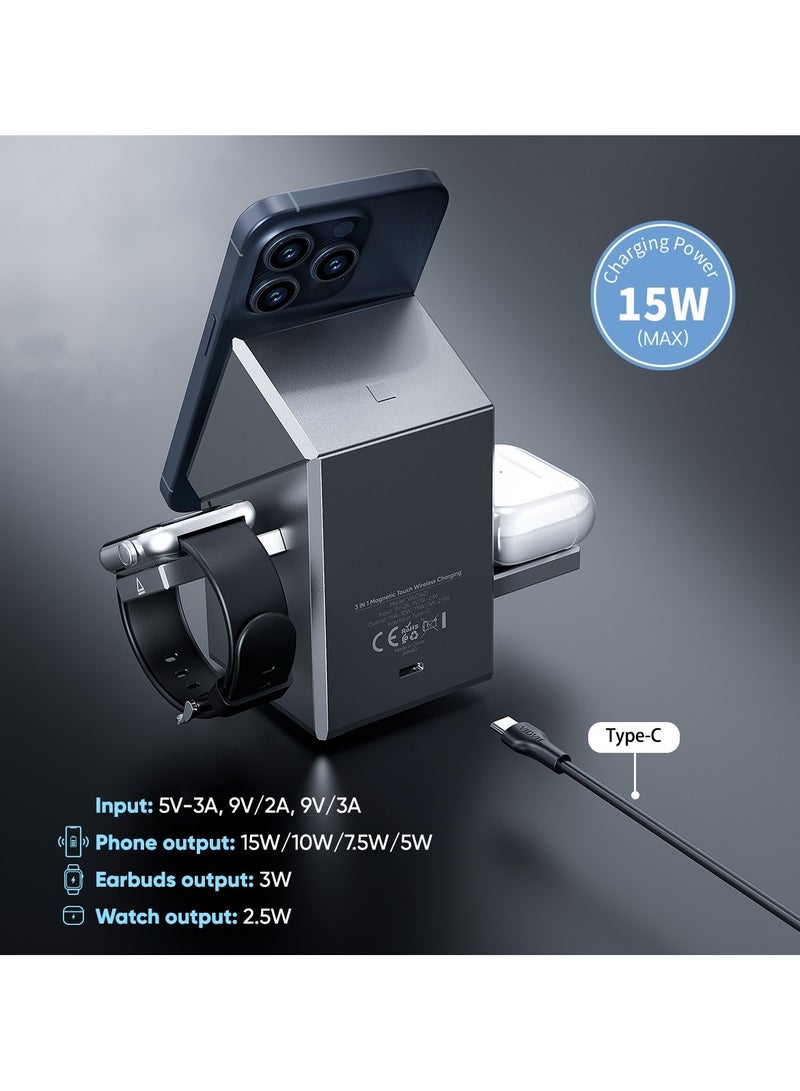 Vidvie 3-in-1 Touch  Magnetic Wireless Charging Station – Rotation Magnetic Wireless Charging Cube Compatible with MagSafe, Fast Charging Foldable Wireless Charger, Compatible with iPhone 16/15/14, Watch 1-8/Ultra, AirPods Pro Grey - Image 3