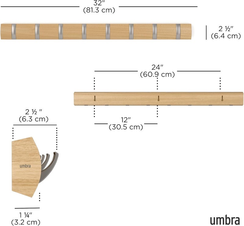 UMBRA Narrow & wide space compatible Flip Wall-Mounted Coat Rack with 8 Hooks – Modern, Space-Saving Storage for Hats, Jackets, Bags, Entryway, Mudroom, Closet, Bathroom, Bedroom – Natural/Nickel All-scene compatible build - Image 3