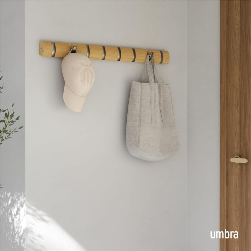 UMBRA Narrow & wide space compatible Flip Wall-Mounted Coat Rack with 8 Hooks – Modern, Space-Saving Storage for Hats, Jackets, Bags, Entryway, Mudroom, Closet, Bathroom, Bedroom – Natural/Nickel All-scene compatible build - Image 2